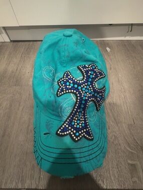Y2K Embellished Turquoise Rhinestone Cross Cap